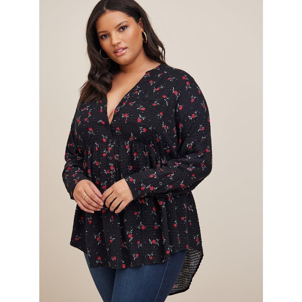 Torrid Top 1X Black Blouse Floral Emma Babydoll Crinkle Gauze Long Sleeve Tunic
